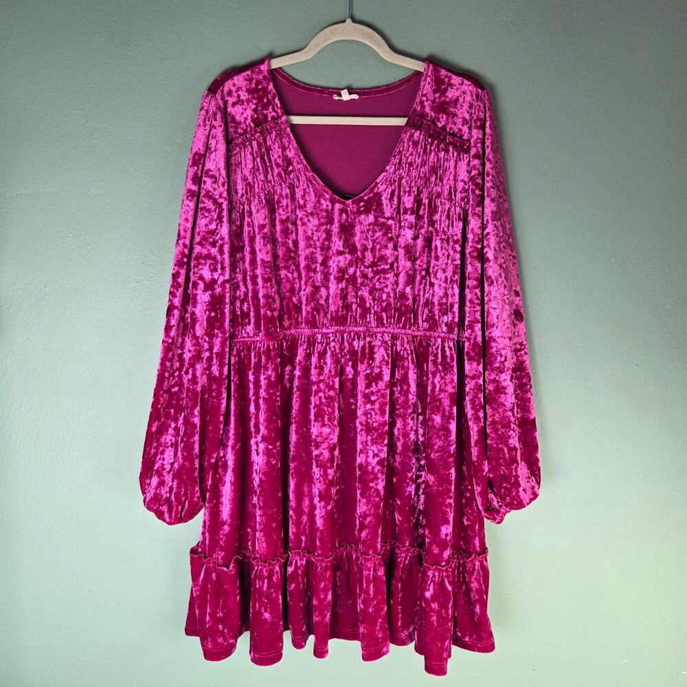 Jodifl Womens 2X VNeck Crushed Velvet Long Sleeve Tiered Dress Rich Pink Date